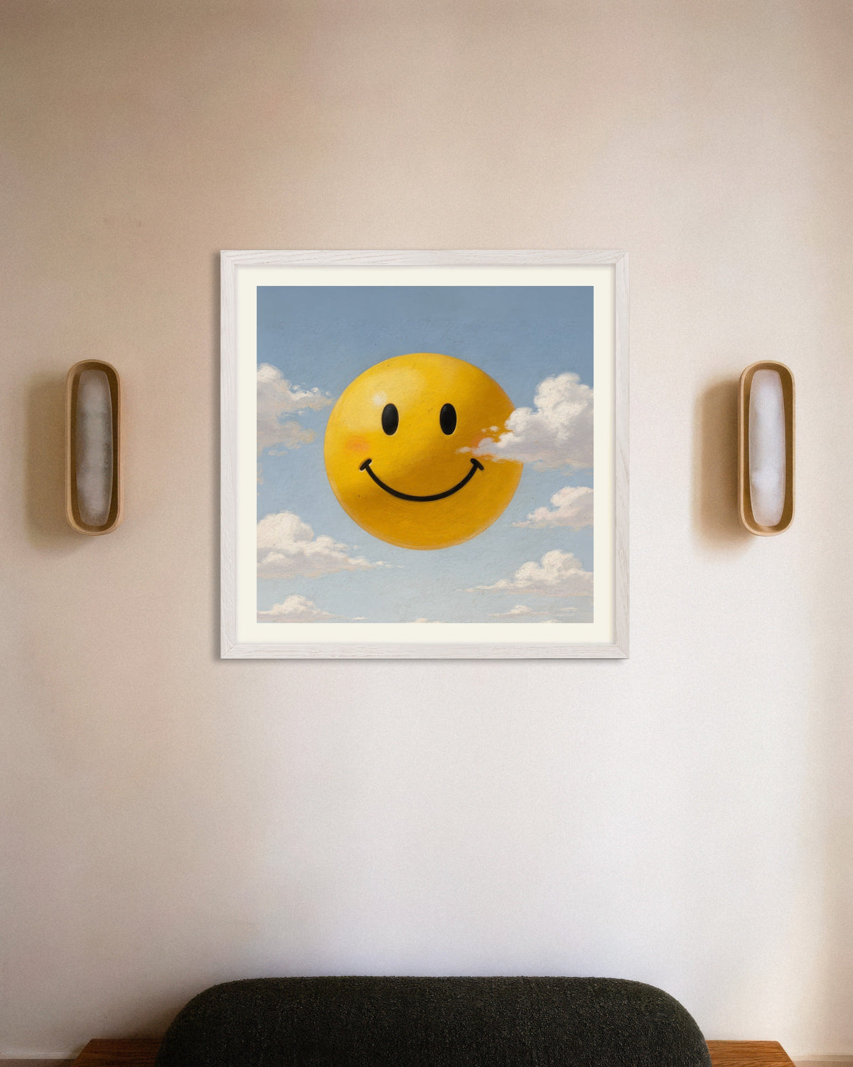 Poster of Mister Happy, with white wooden frame
