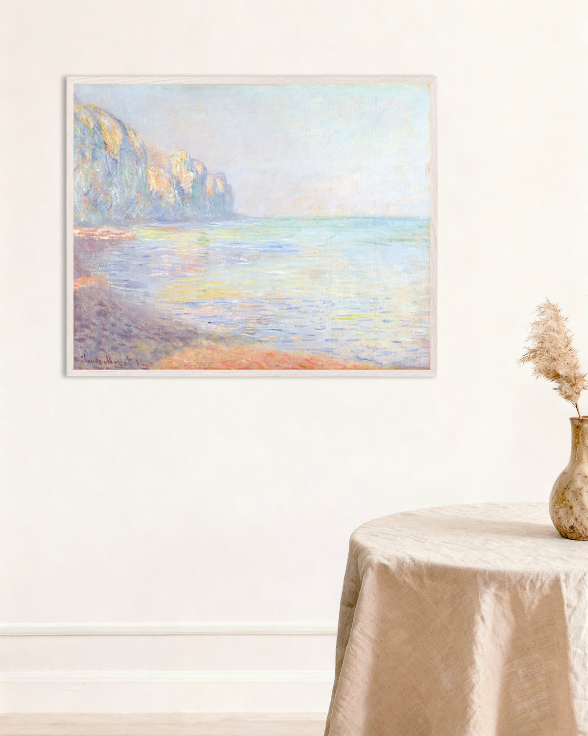Poster of Misty Morning at Pourville (1882) by Claude Monet, with white wooden frame