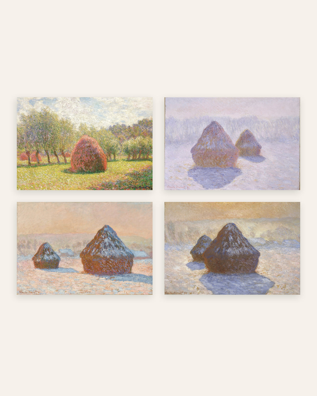 Monet Haystacks Prints Set of 4 – Summer to Snow, prints without frame