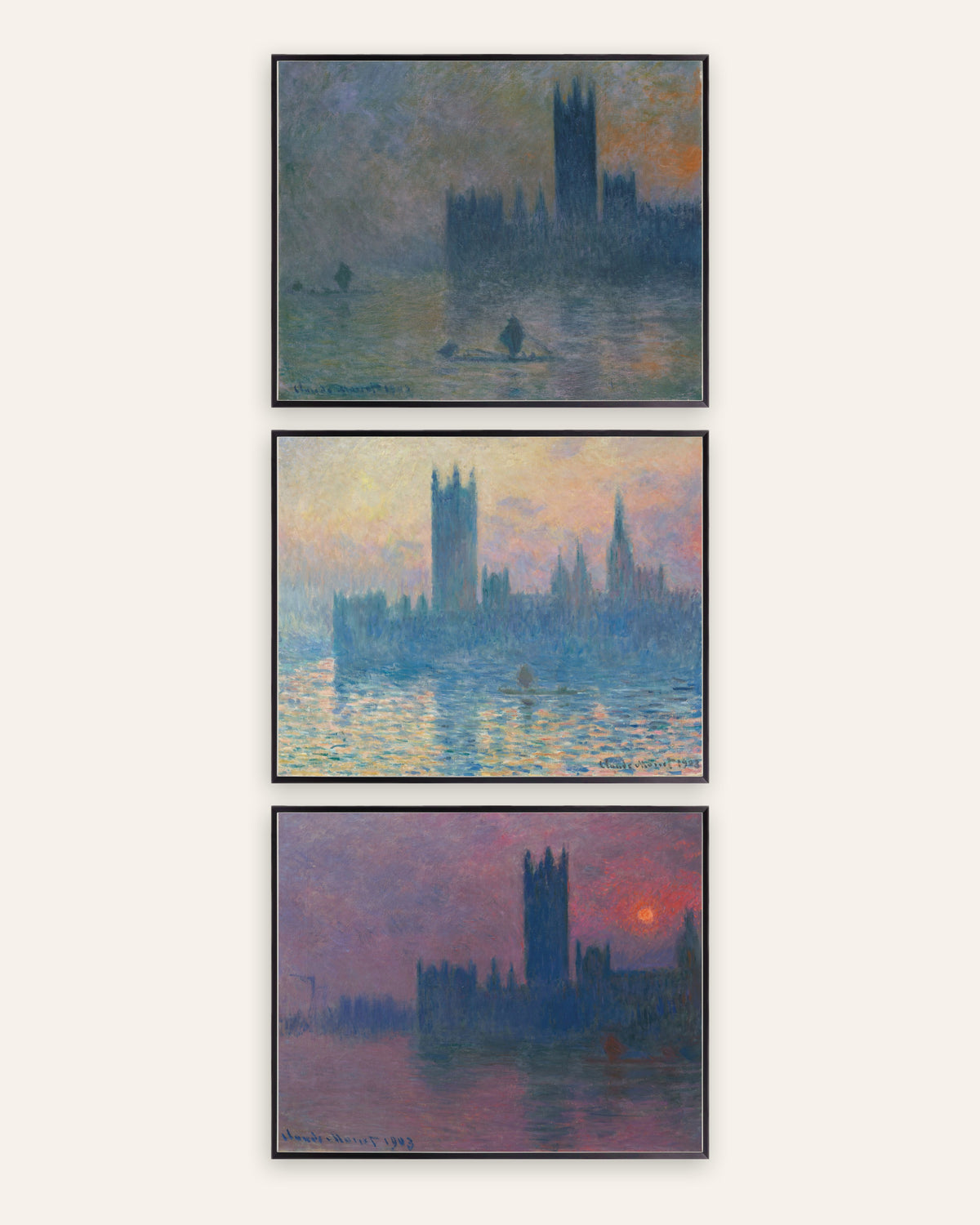 Monet Houses of Parliament Prints Set of 3 – Fog & Sunset, prints in black metal frames