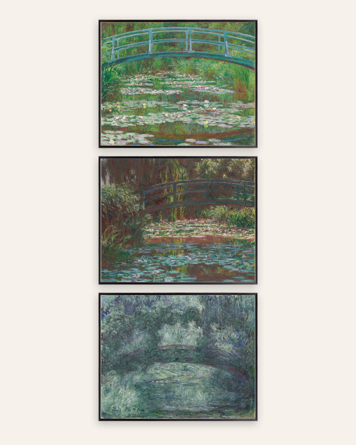 Monet Japanese Bridge Prints Set of 3 – Giverny, 1899 to 1924, prints in black metal frames