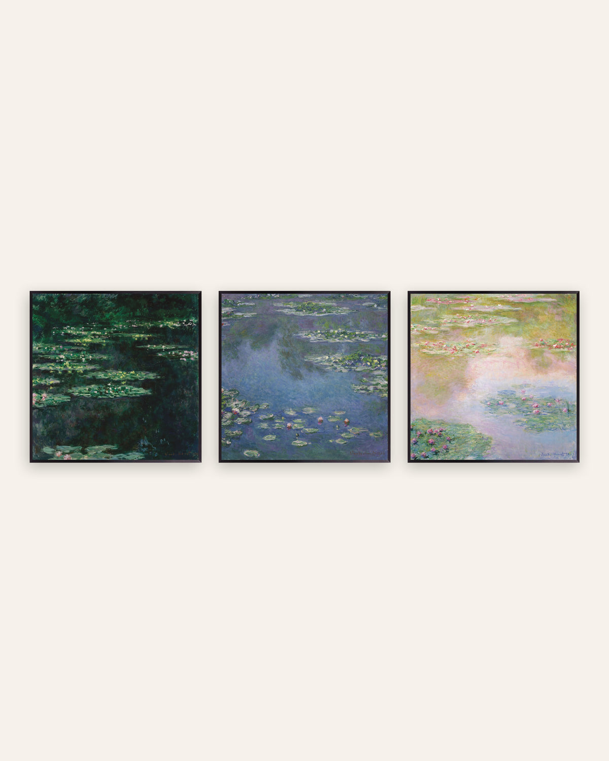 Monet Water Lilies Prints Set of 3 – Square Pond Views, prints in black metal frames