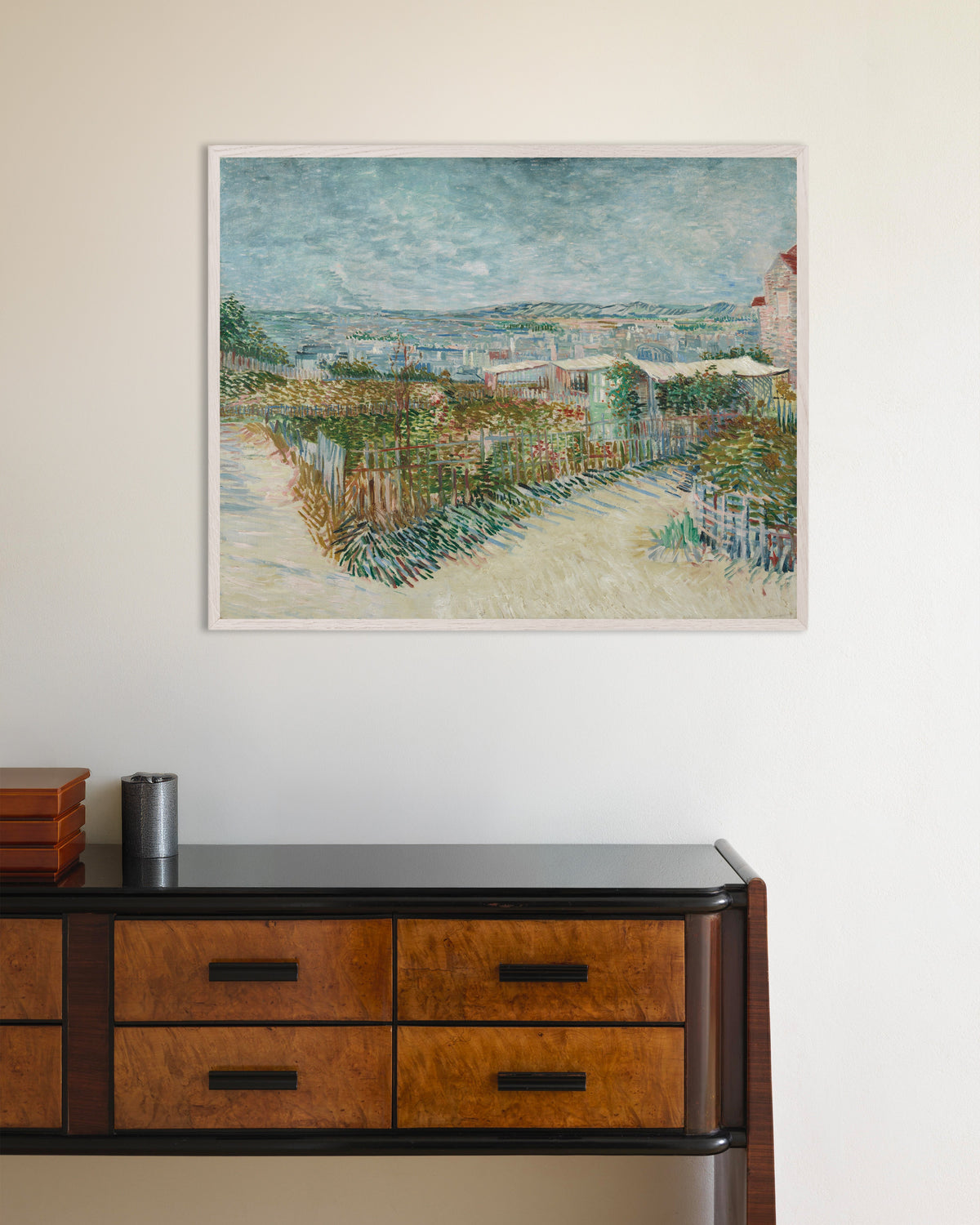 Poster of Montmartre, Behind the Moulin de la Galette (1887) by Vincent van Gogh, with white wooden frame