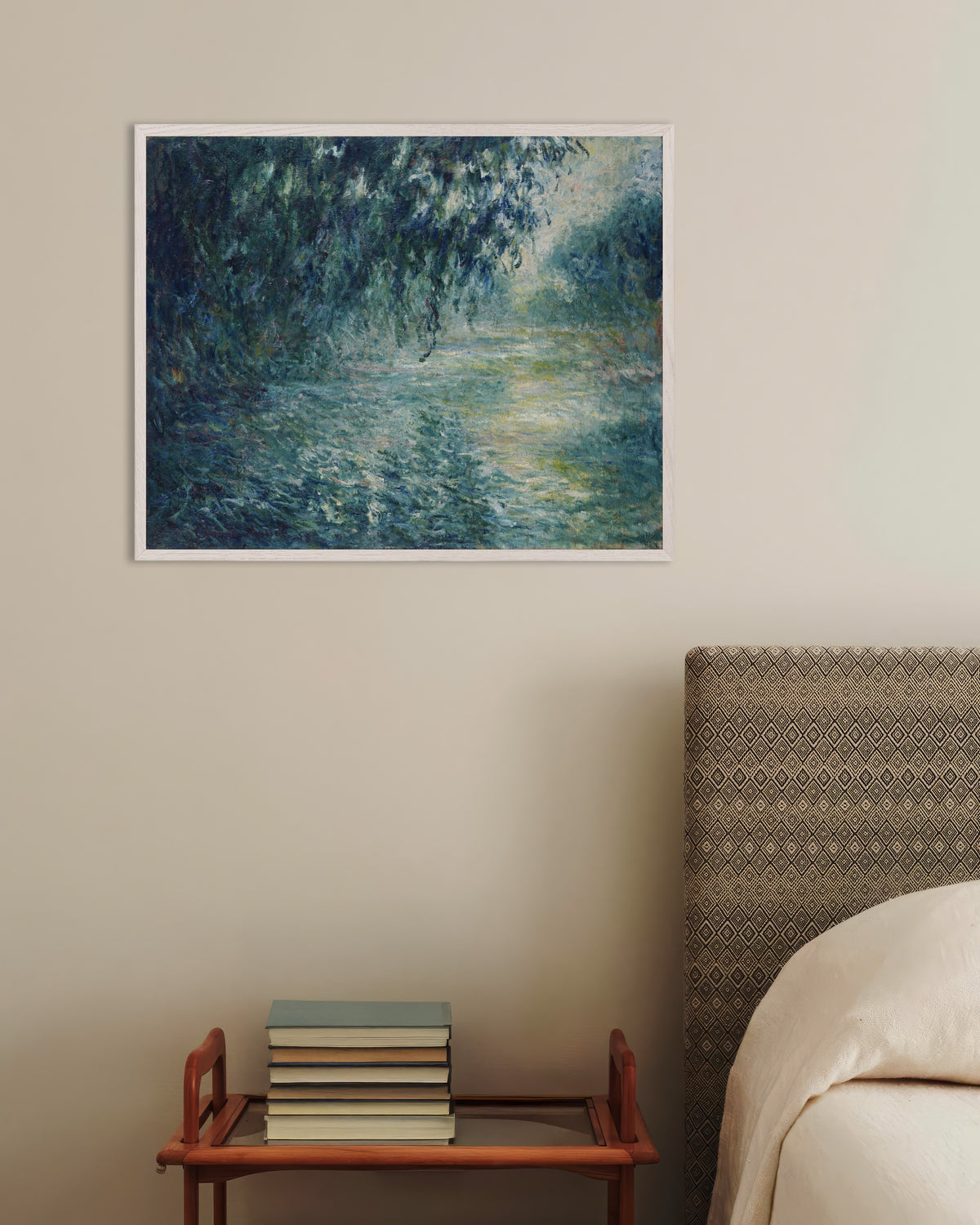 Poster of Morning on the Seine (1898) by Claude Monet, with white wooden frame