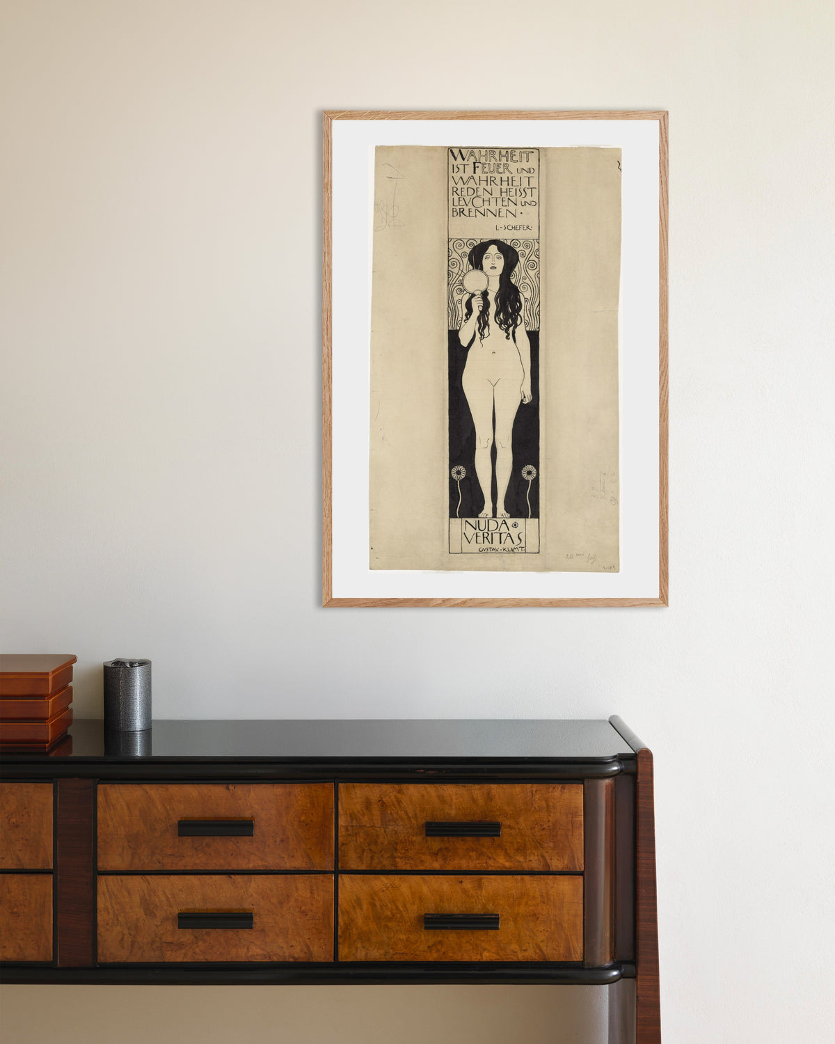 Poster of Nuda Veritas (1898) by Gustav Klimt, with natural wooden frame