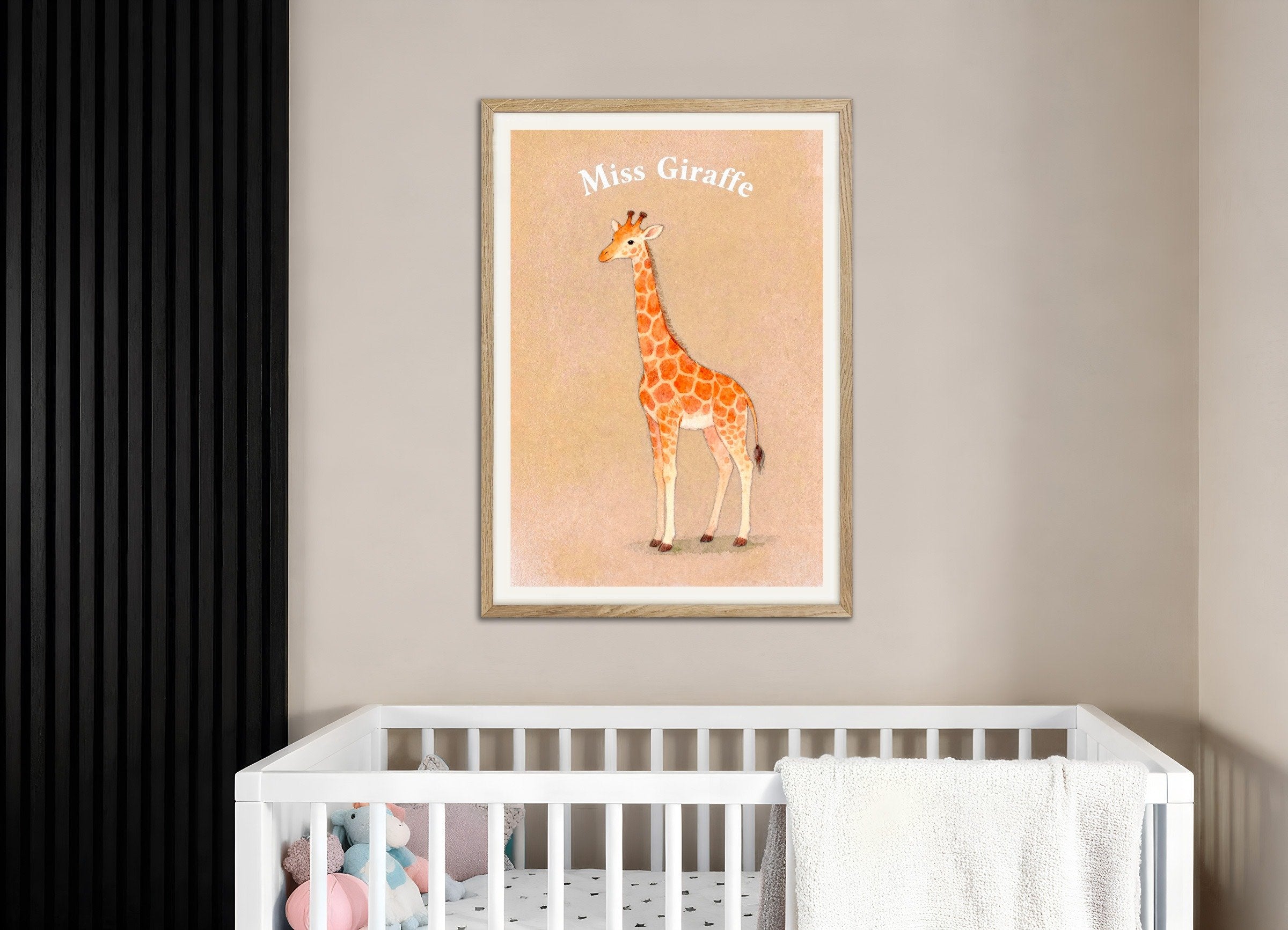 Poster of Nursery giraffe wall art – Tall animal poster, with natural wooden frame