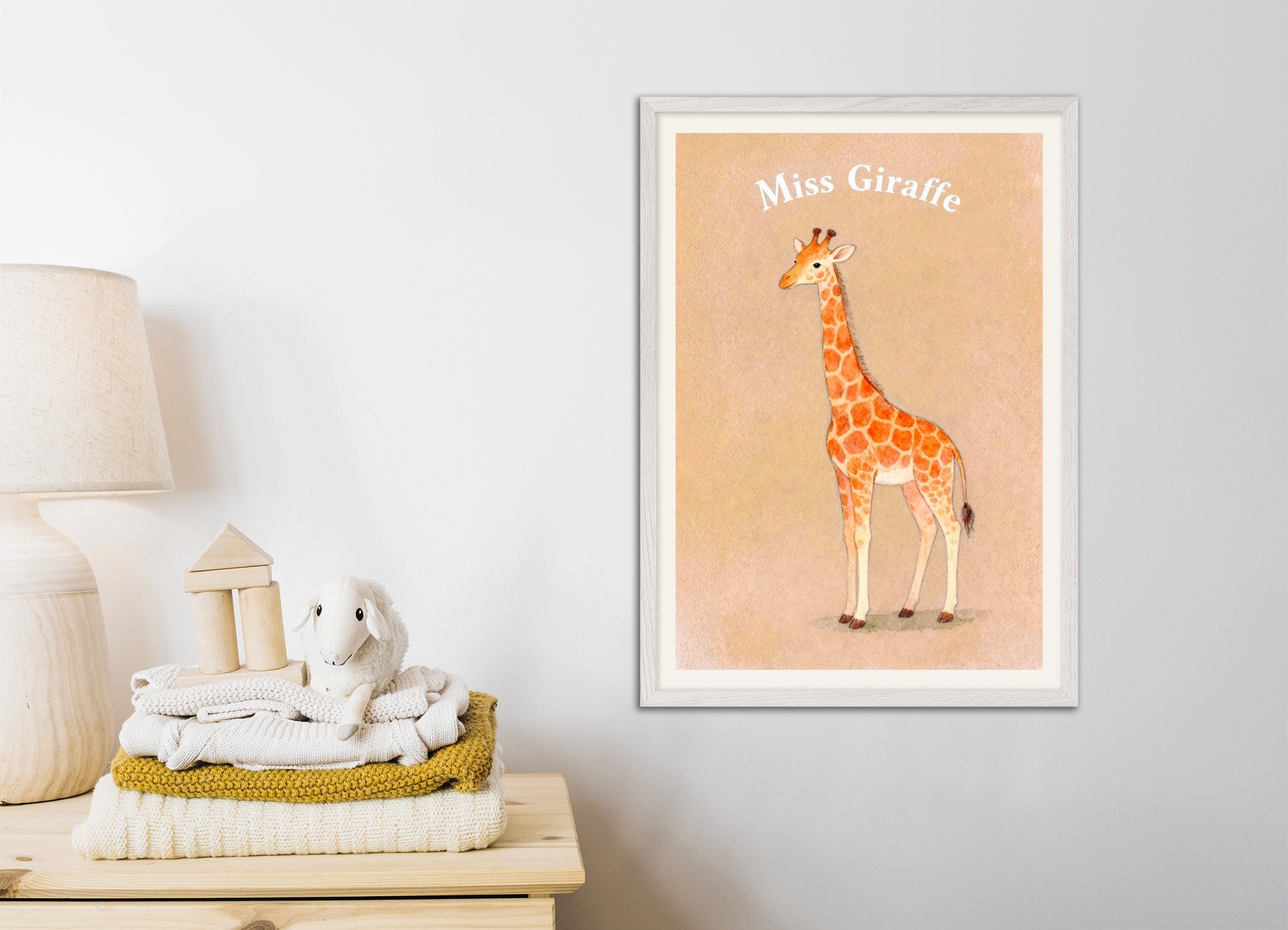 Poster of Nursery giraffe wall art – Tall animal poster, with white wooden frame
