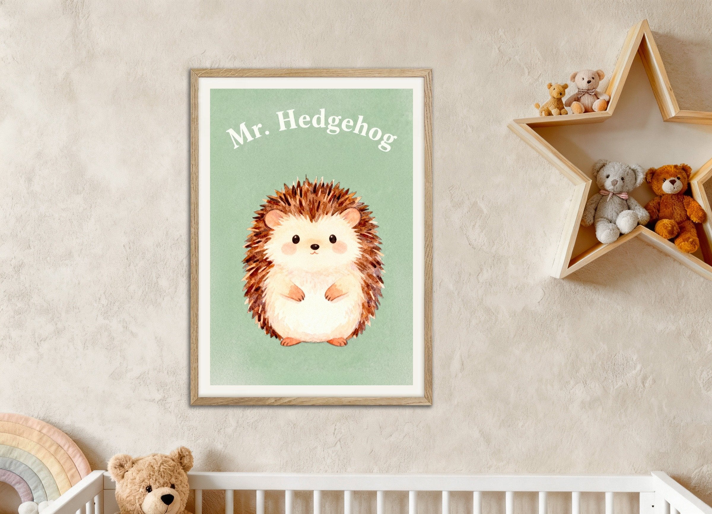 Poster of Nursery hedgehog wall art – Cute spiky friend, with natural wooden frame