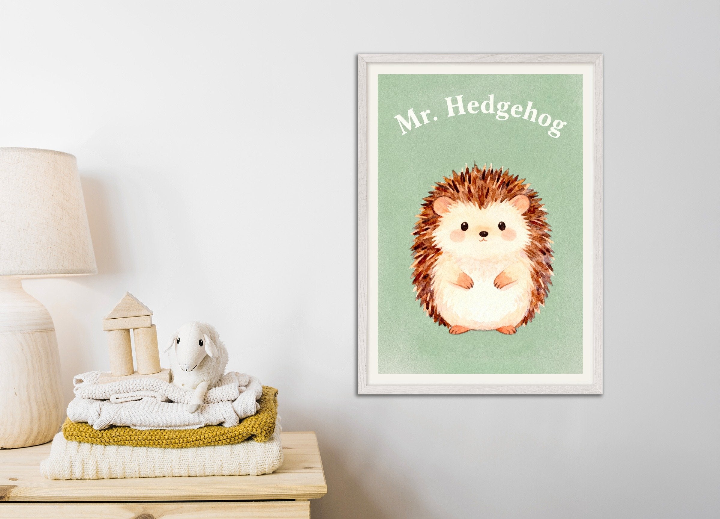 Poster of Nursery hedgehog wall art – Cute spiky friend, with white wooden frame