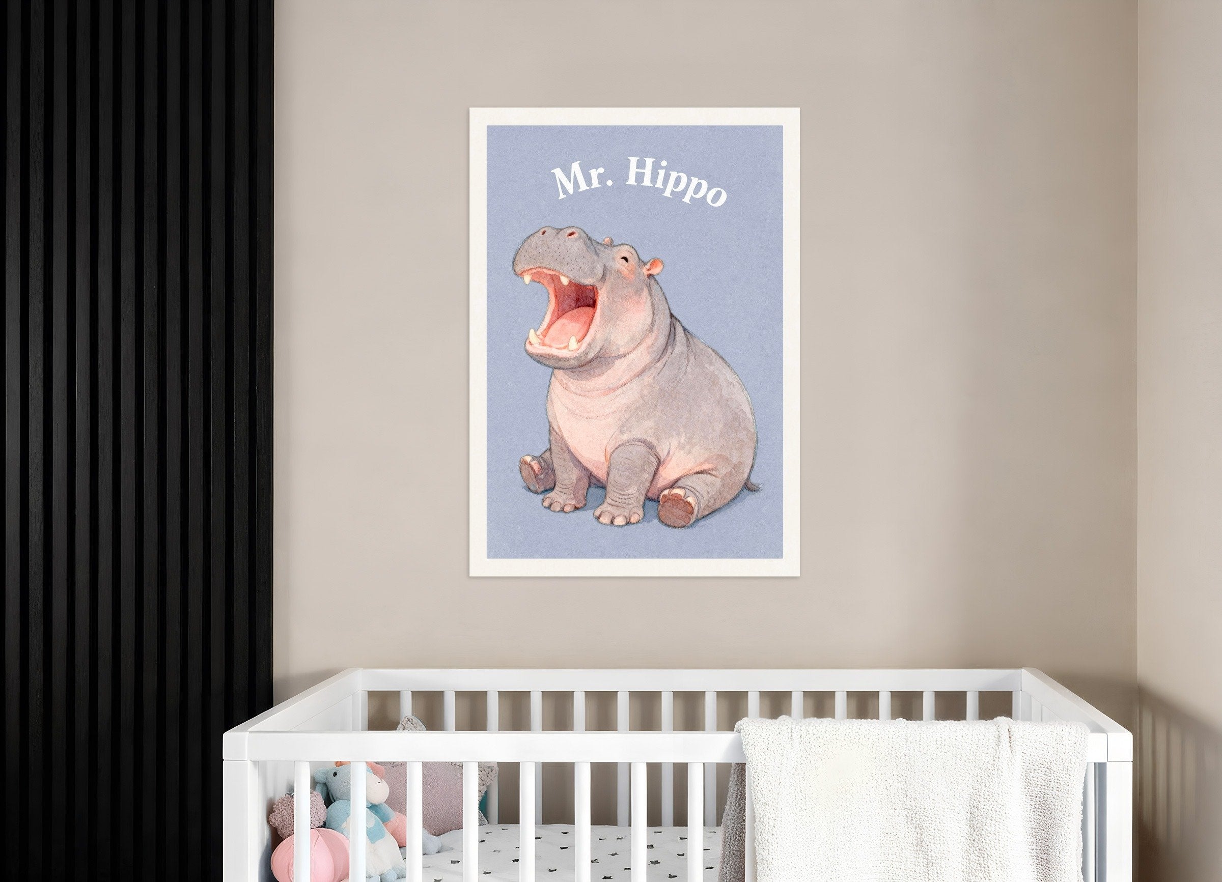 Poster of Nursery hippo wall art – Funny big animal watercolor print for nursery