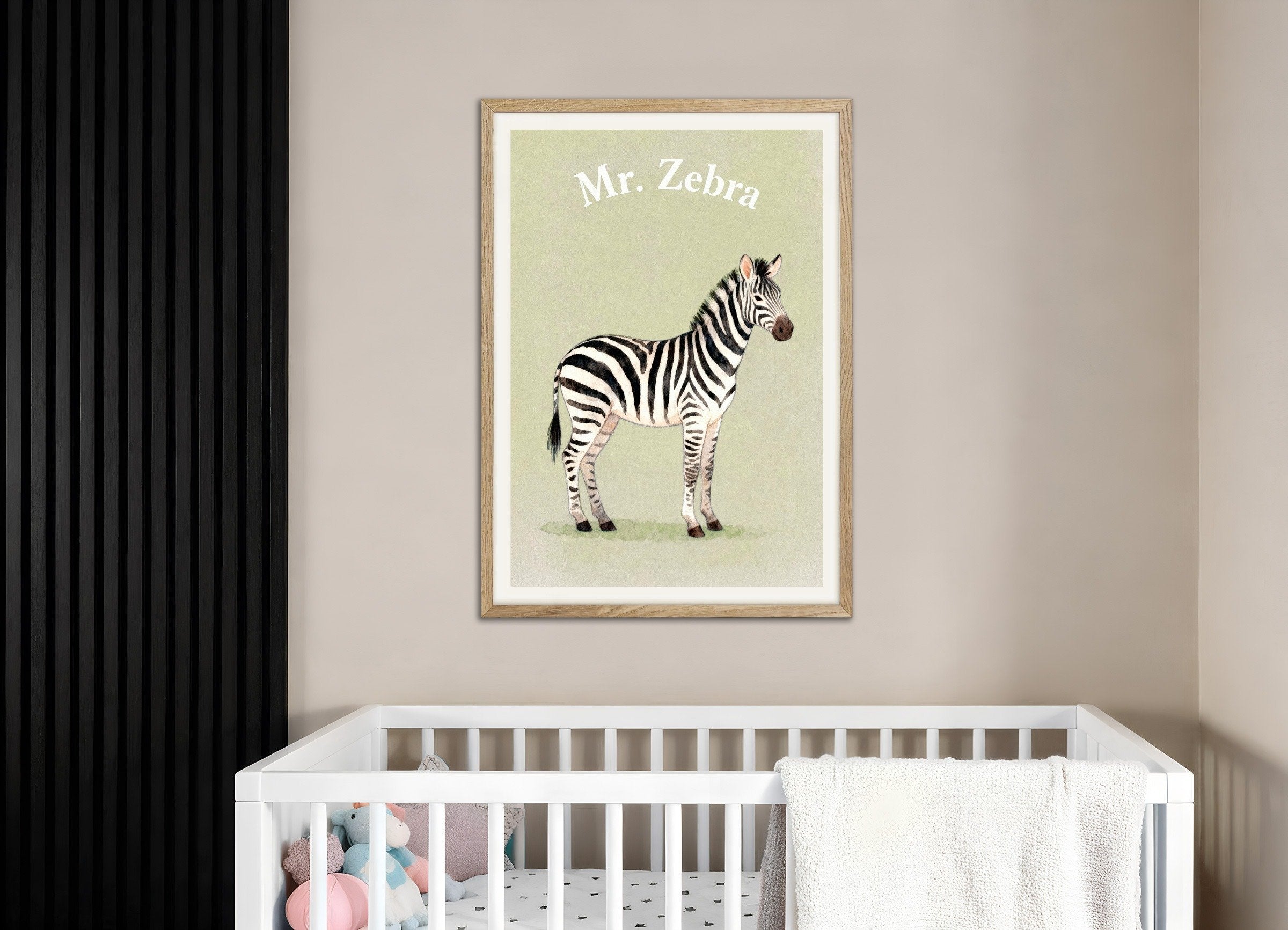 Poster of Nursery zebra wall art – Safari stripes watercolor poster, with natural wooden frame