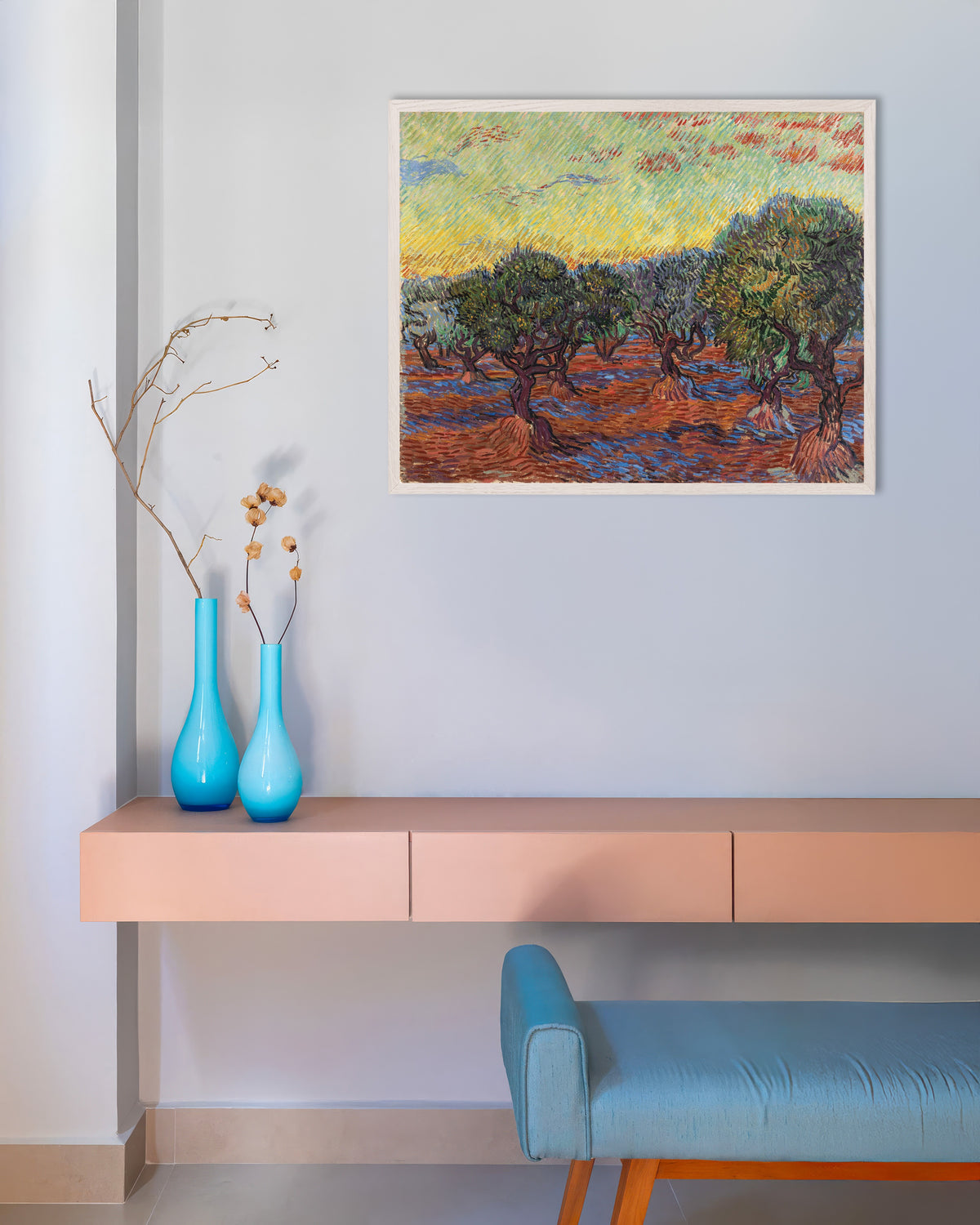 Poster of Olive Grove with Orange Sky (1889) by Vincent van Gogh, with white wooden frame