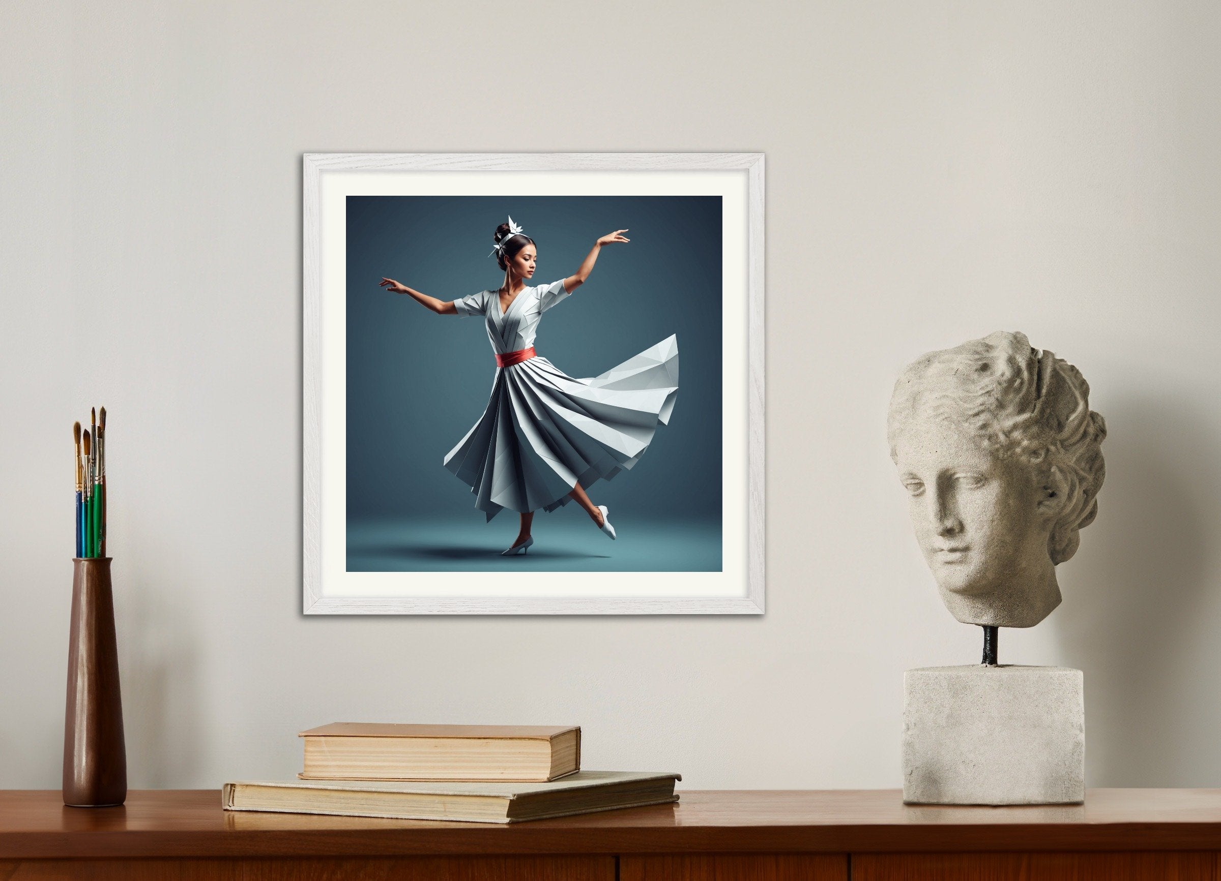 Poster of origami, with white wooden frame