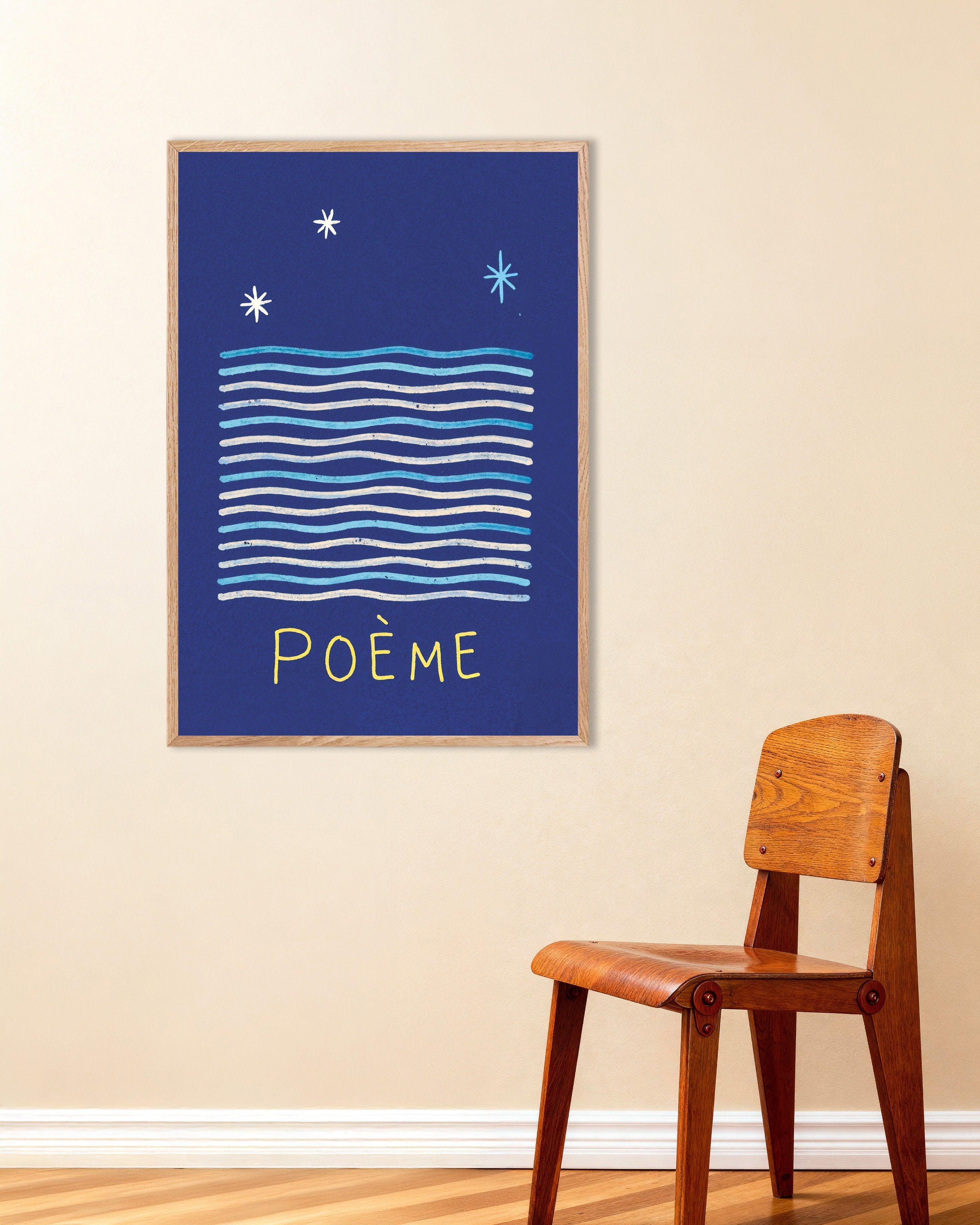 Poster of Poème - Night Waves Poster, with natural wooden frame