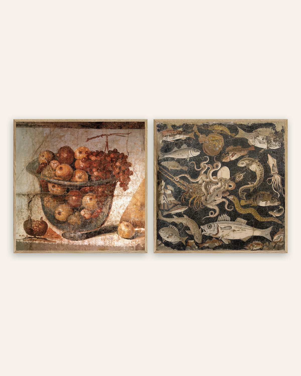 Pompeii Kitchen Prints Set of 2 – Fruit Bowl Fresco & Fish Mosaic, prints in natural oak frames
