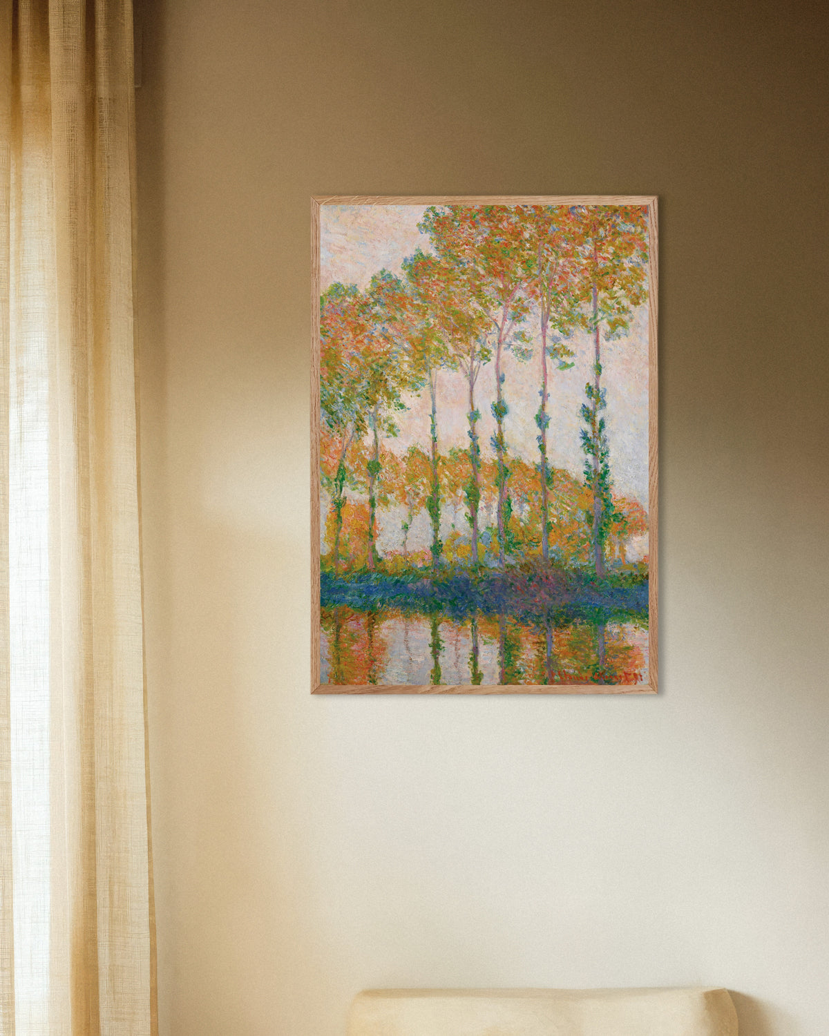 Poster of Poplars on the Banks of the Epte, Autumn (1891) by Claude Monet, with natural wooden frame