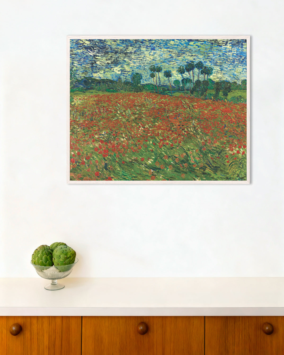 Poster of Poppy Field (1890) by Vincent van Gogh, with white wooden frame