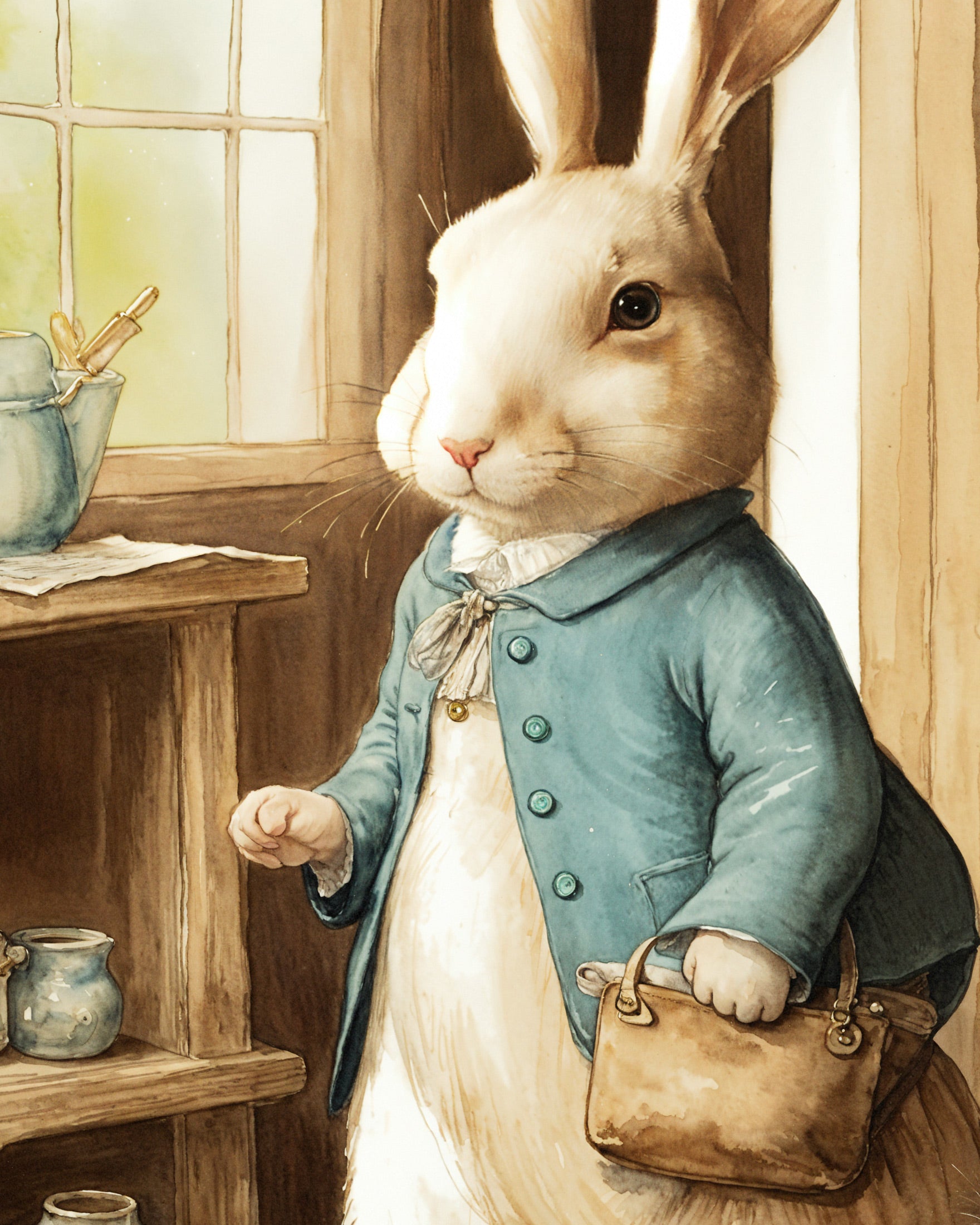 Peter Rabbit print, a nod to Beatrix Potter – Rabbit feeling right at home in the Kiwi backyard