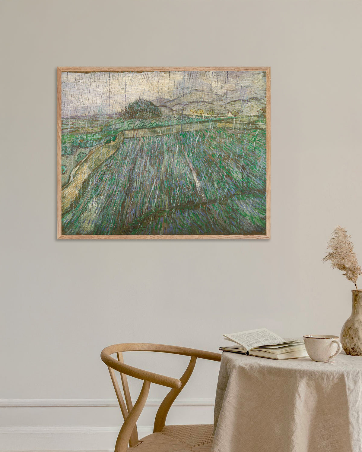 Poster of Rain (1889) by Vincent van Gogh, with natural wooden frame