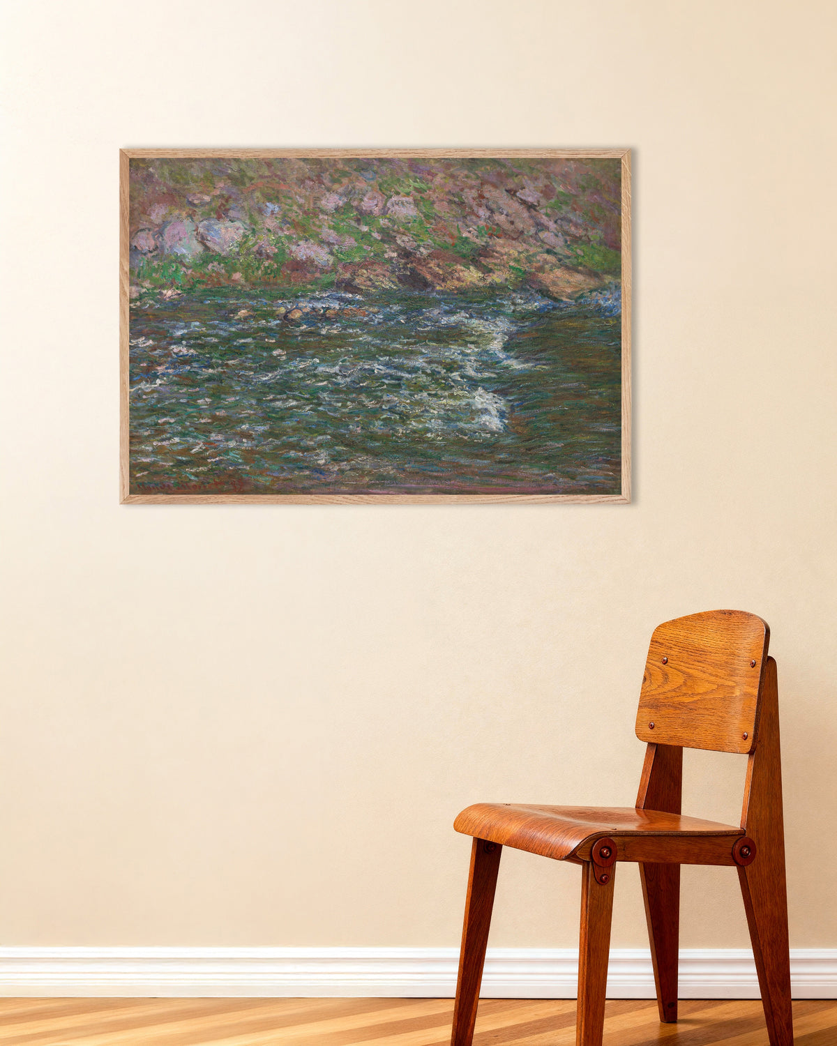 Poster of Rapids on the Petite Creuse at Fresselines (1889) by Claude Monet, with natural wooden frame