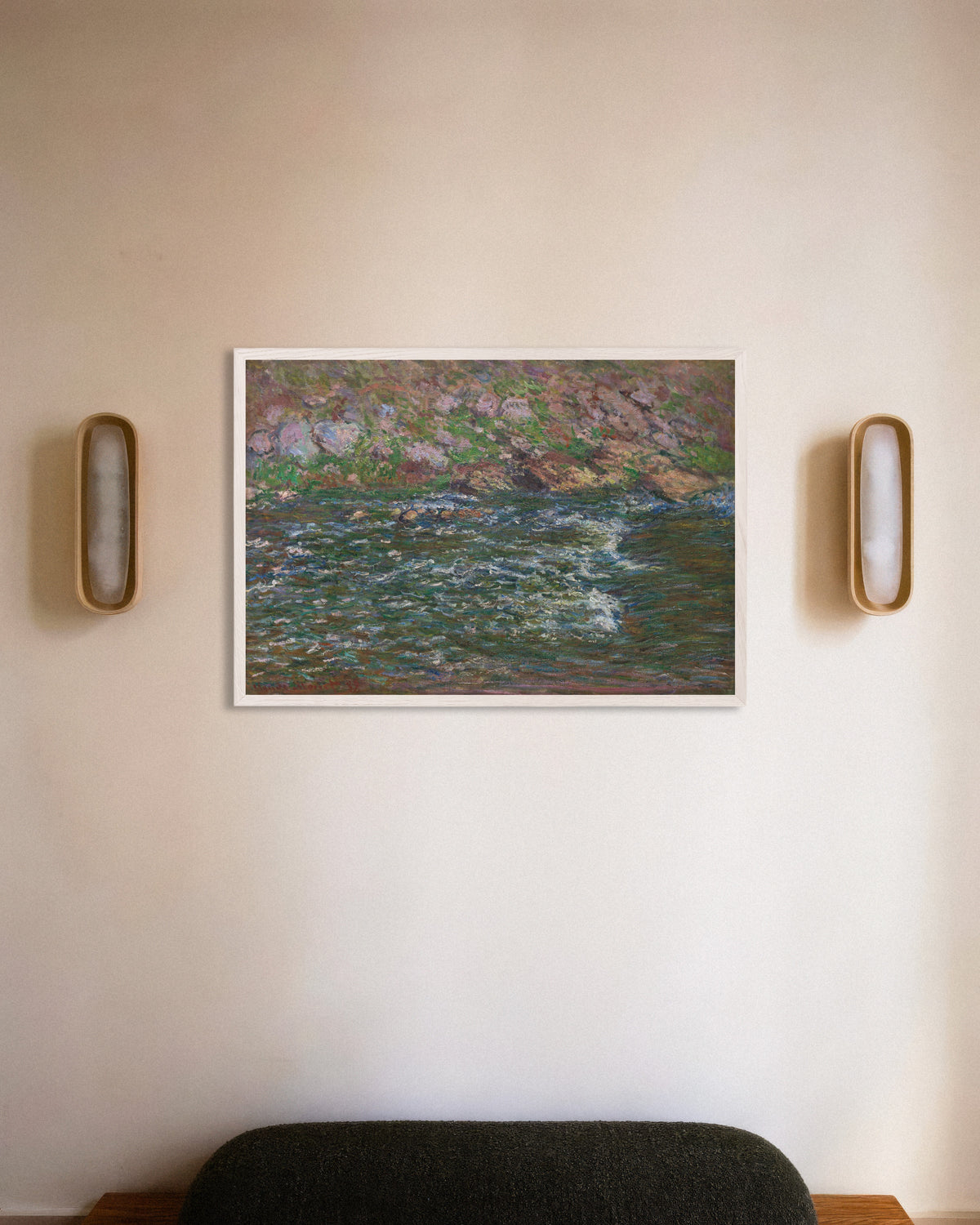Poster of Rapids on the Petite Creuse at Fresselines (1889) by Claude Monet, with white wooden frame