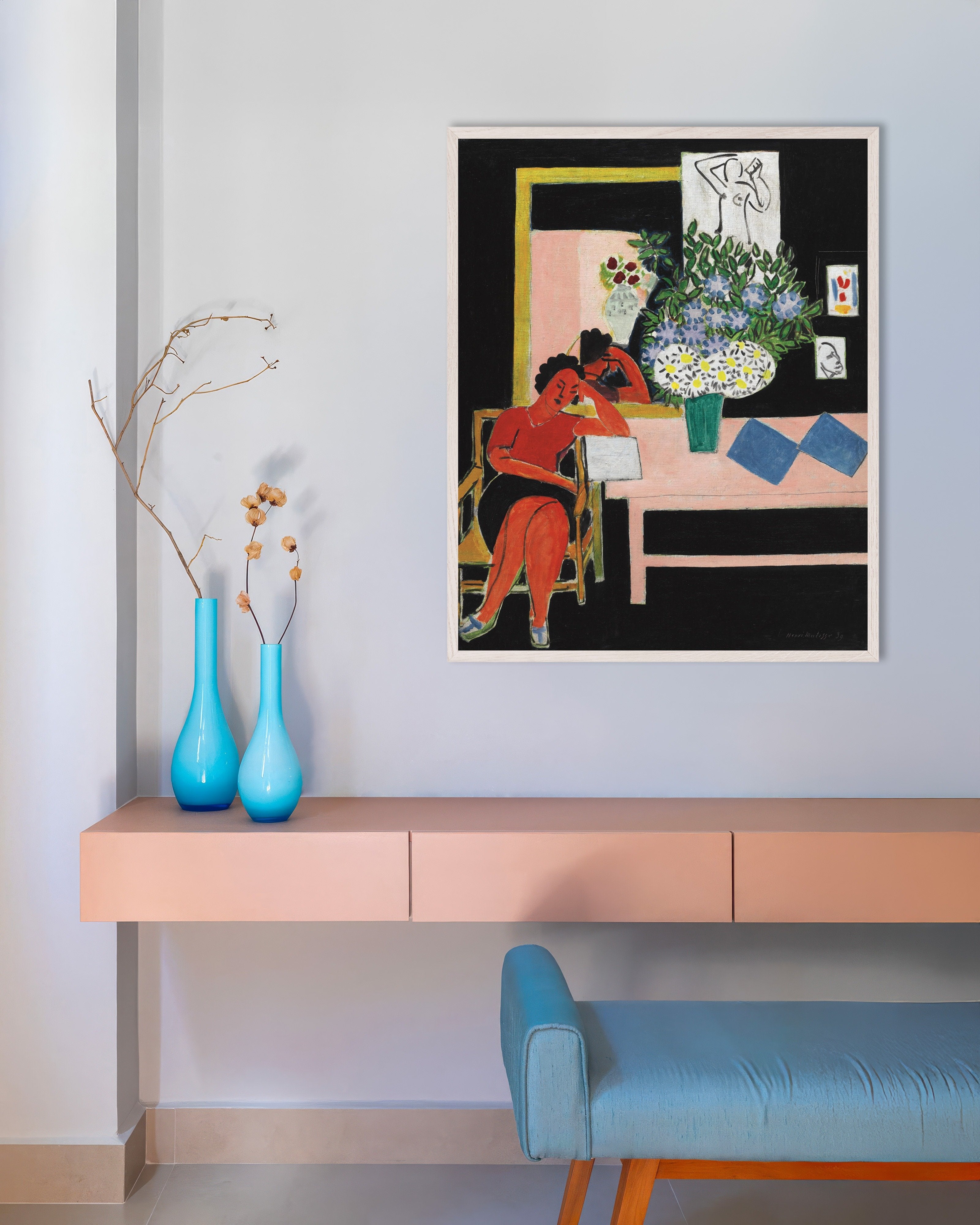 Poster of Reader on a Black Background (Liseuse sur fond noir) by Henri Matisse - Poster, with white wooden frame