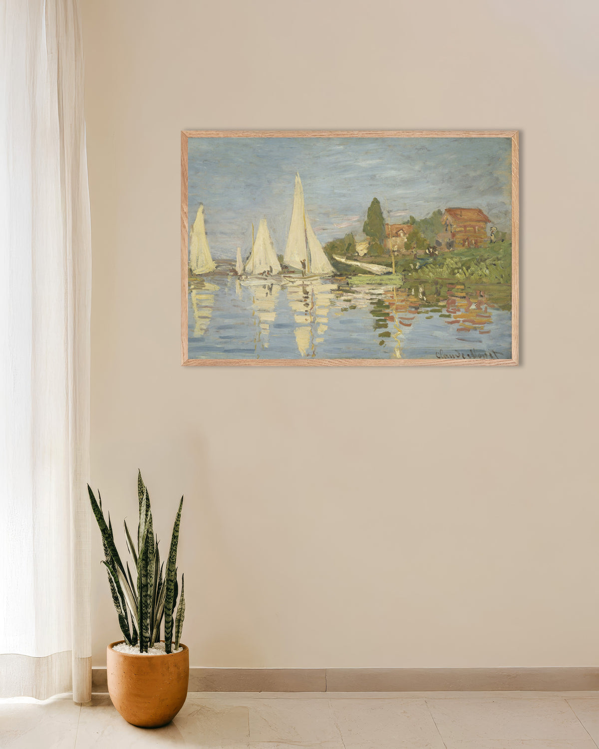 Poster of Regattas at Argenteuil (c. 1872) by Claude Monet, with natural wooden frame