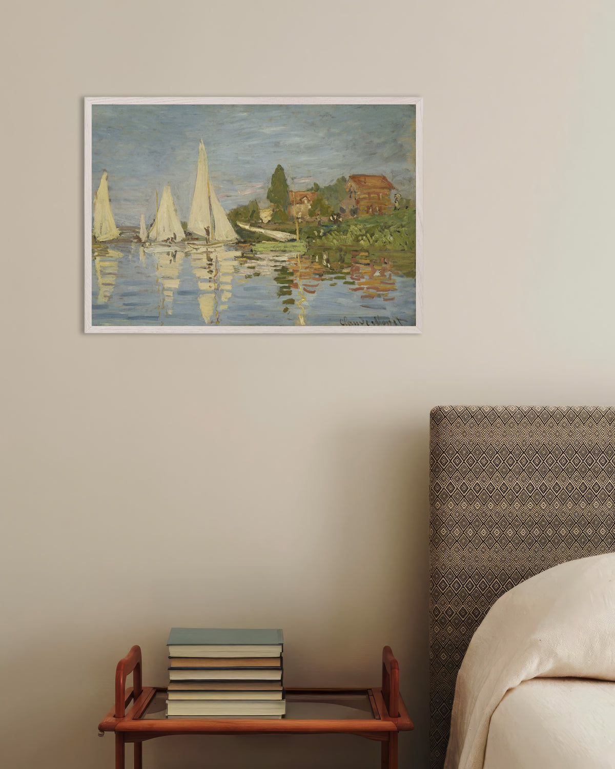 Poster of Regattas at Argenteuil (c. 1872) by Claude Monet, with white wooden frame