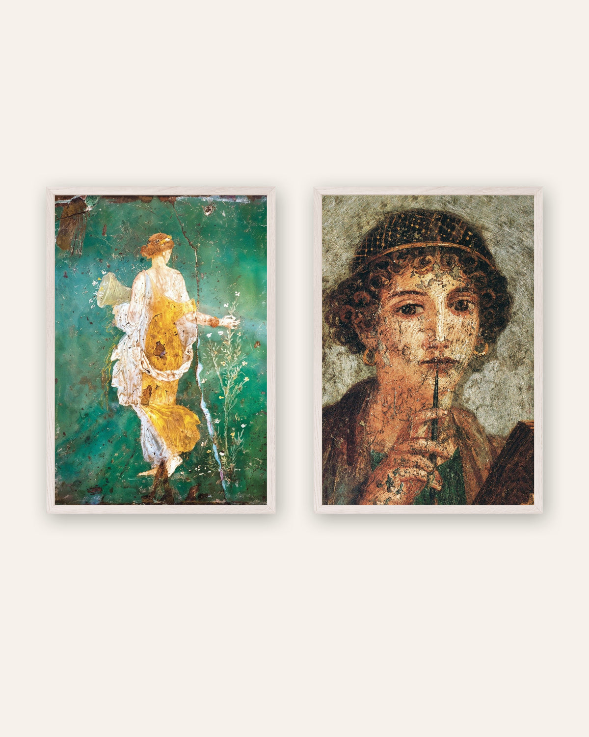 Set of 2 Roman fresco posters, Flora and Sappho, in white wooden frames