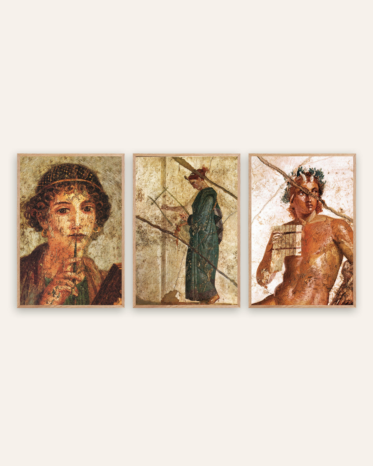 Roman Fresco Prints Set of 3 – Poetry & Music: Sappho, Lyre & Pan, prints in natural oak frames