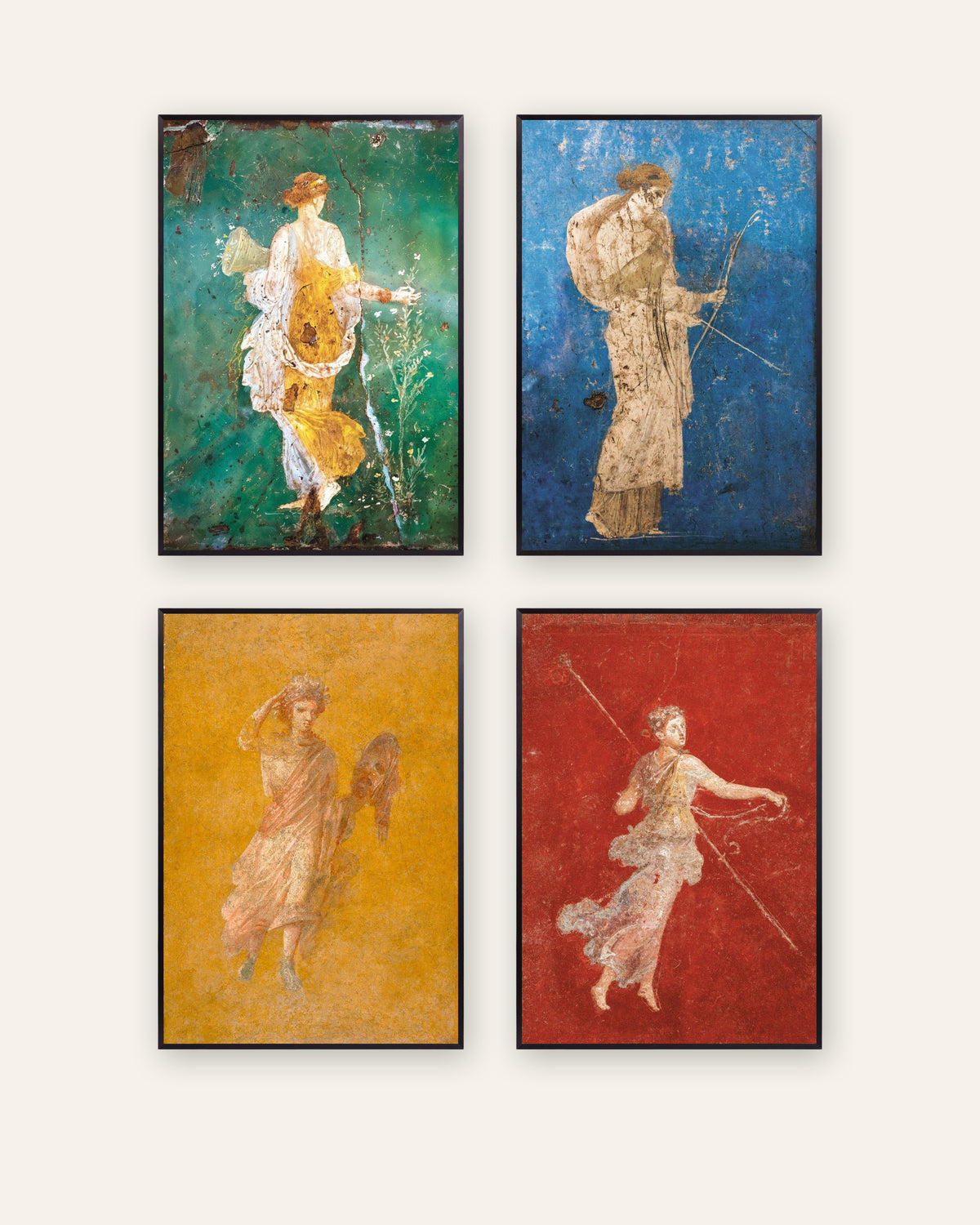 Set of 4 Roman fresco posters, Flora, Artemis, Melpomene and Maenad, in black metal frames