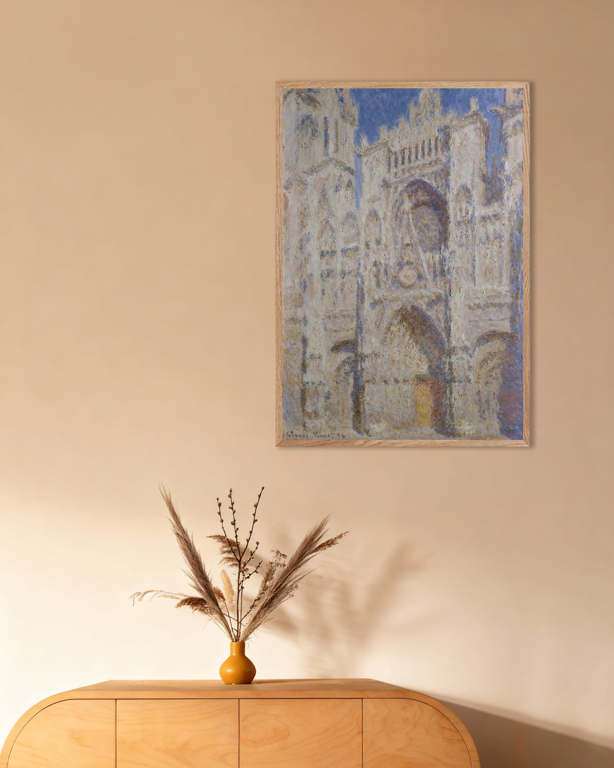 Poster of Rouen Cathedral, the Portal, Sunlight (1894) by Claude Monet, with natural wooden frame