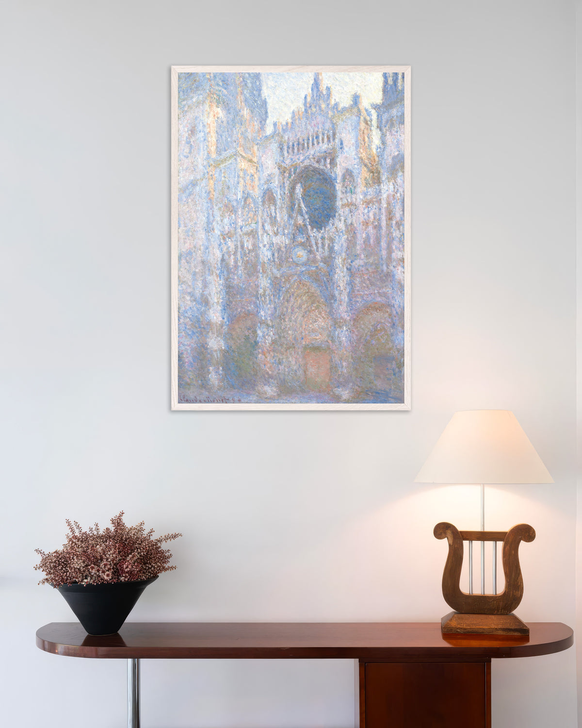 Poster of Rouen Cathedral, West Façade (1894) by Claude Monet, with white wooden frame