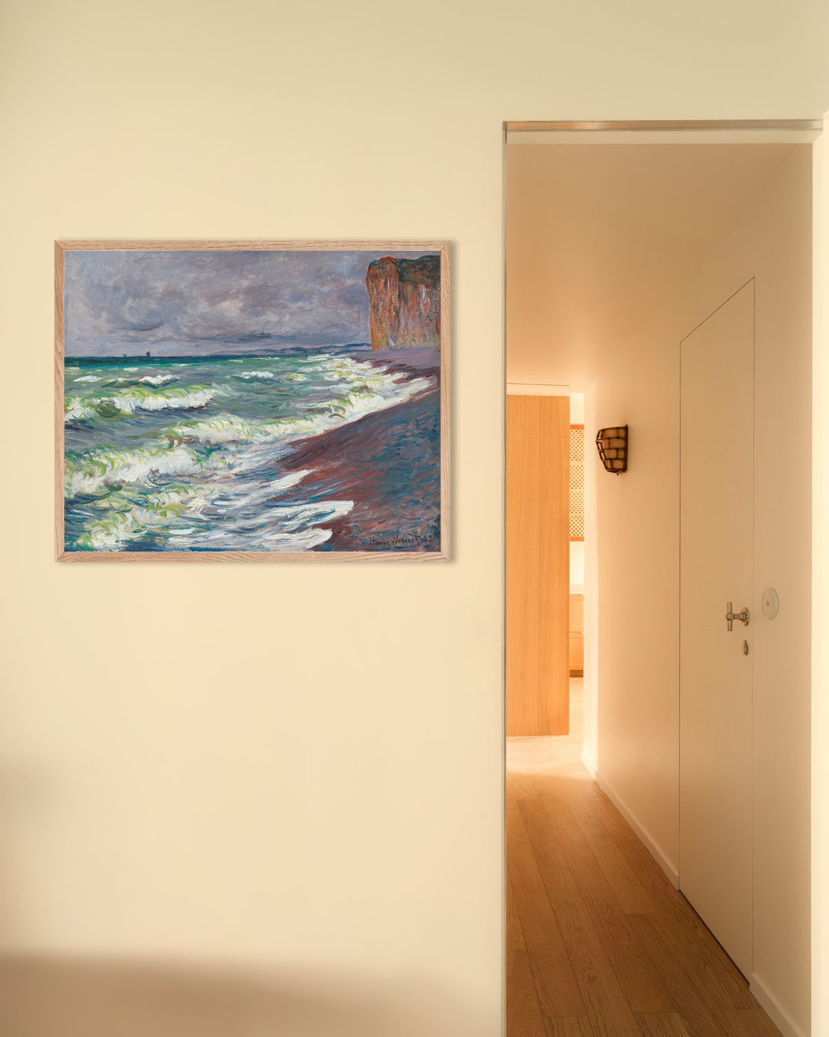 Poster of Rough Sea at Pourville (1882) by Claude Monet, with natural wooden frame