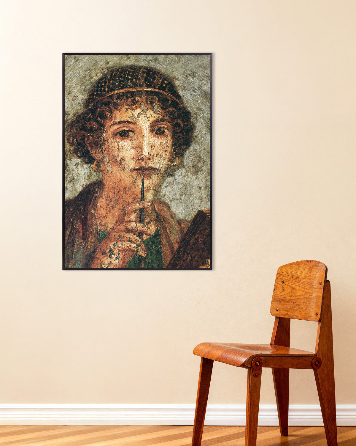 Sappho fresco detail poster from Pompeii, in a black metal frame