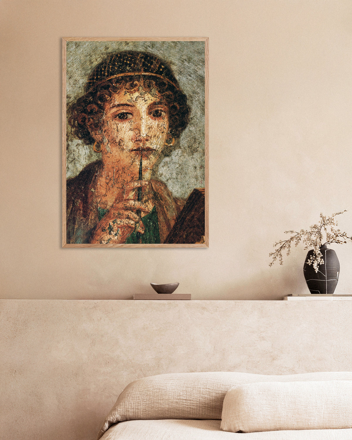 Sappho fresco detail poster from Pompeii, in a natural wooden frame