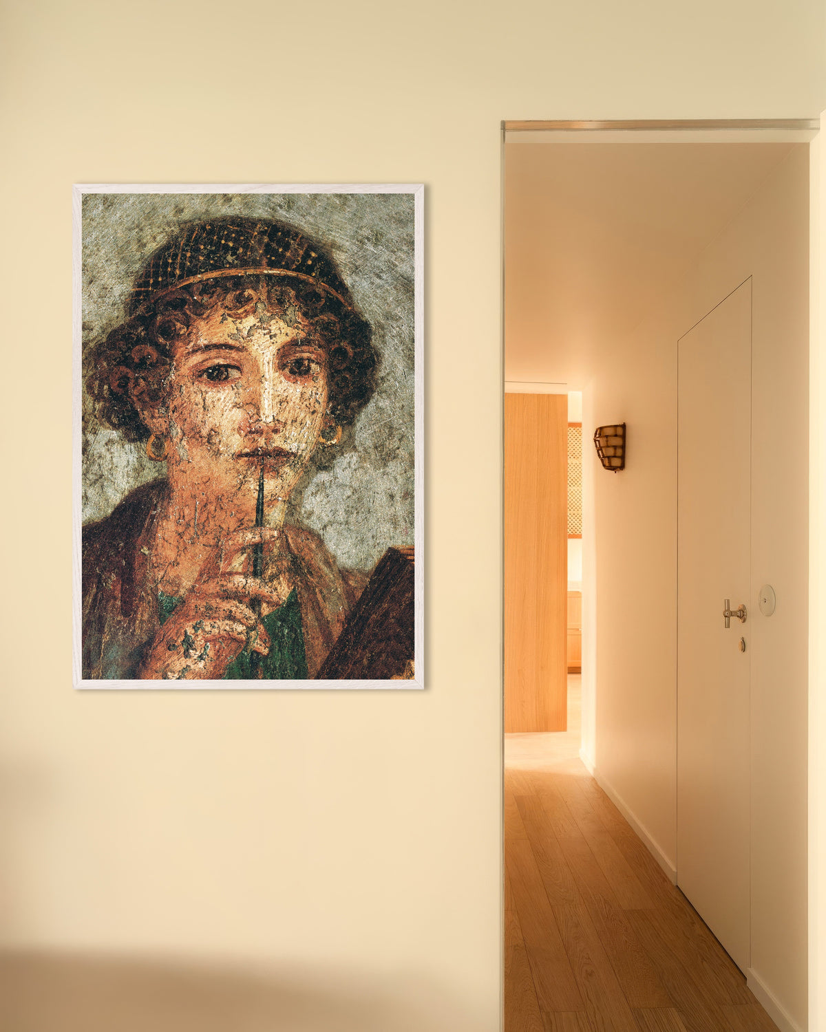 Sappho fresco detail poster from Pompeii, in a white wooden frame