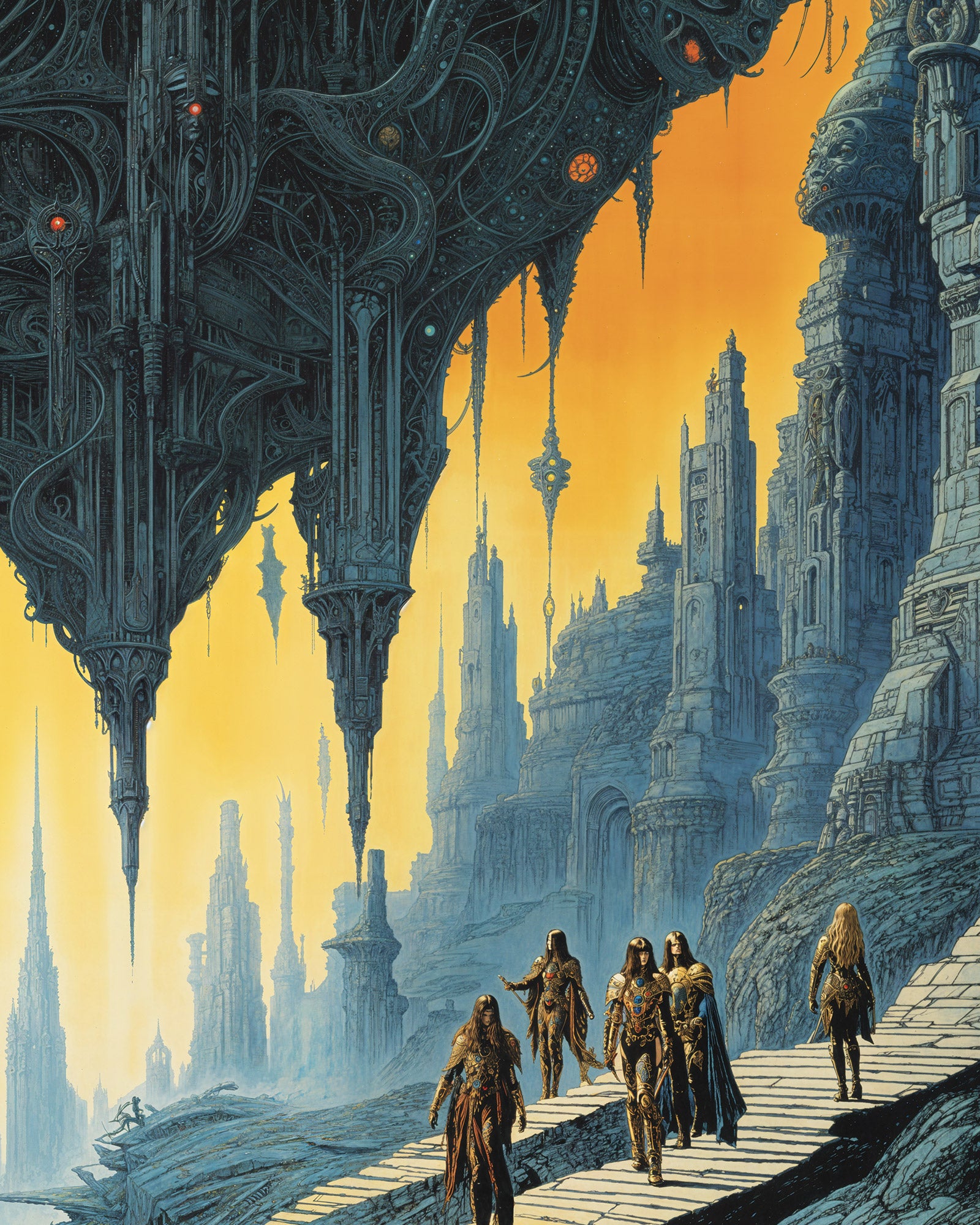 Fantasy scene with gothic architecture and figures walking towards a glowing orange sky.