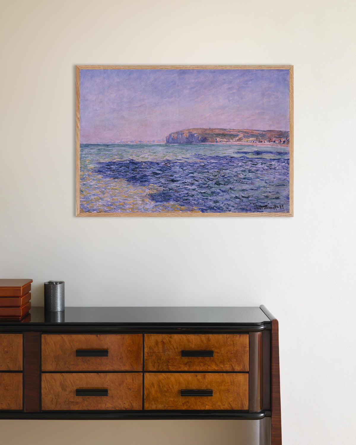 Poster of Shadows on the Sea, the Cliffs at Pourville (1882) by Claude Monet, with natural wooden frame