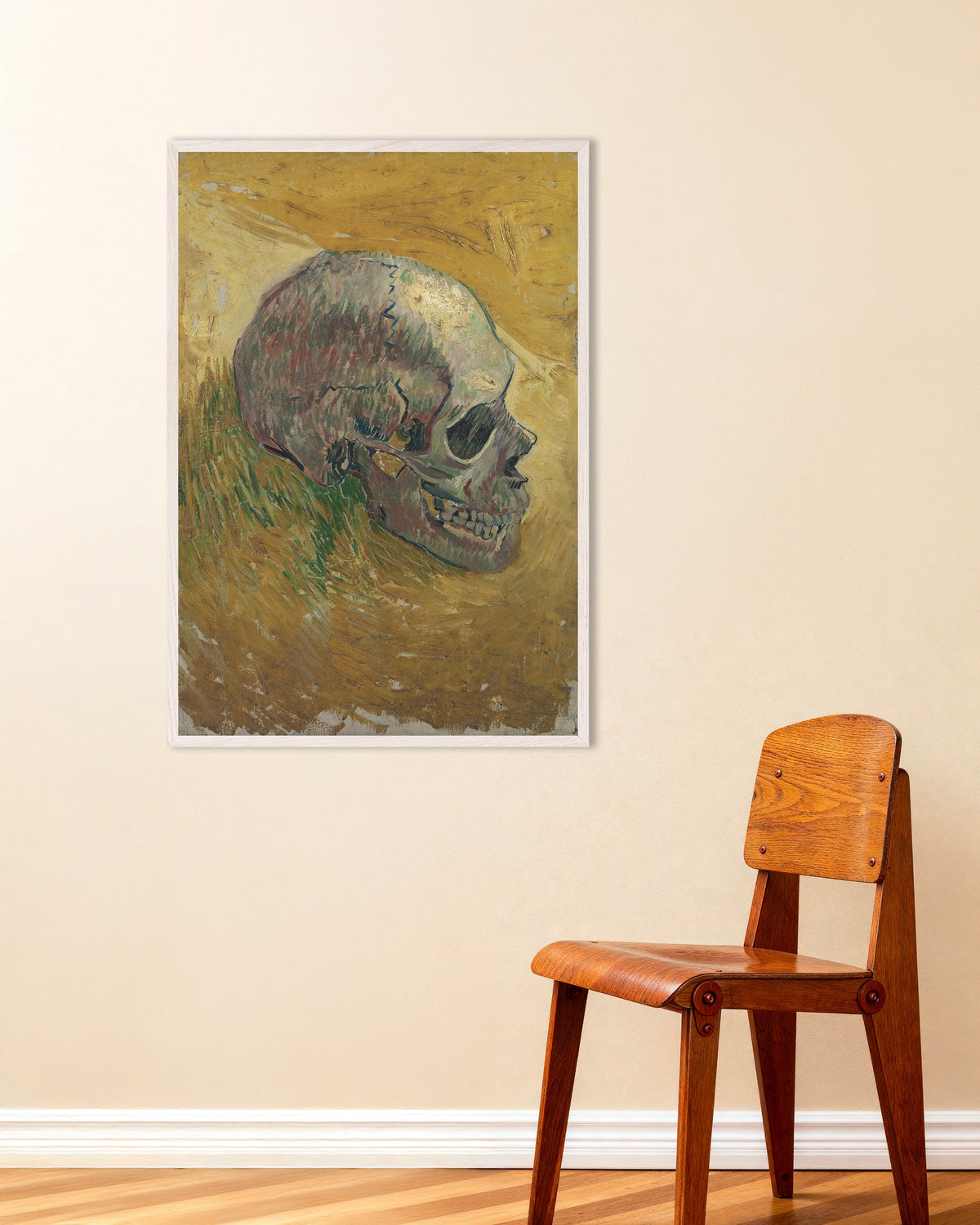 Poster of Skull (1887) by Vincent van Gogh, with white wooden frame