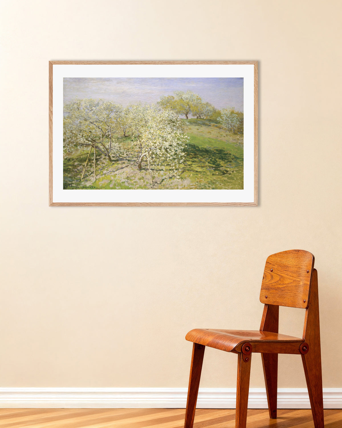Poster of Spring (Fruit Trees in Bloom) (1873) by Claude Monet, with natural wooden frame