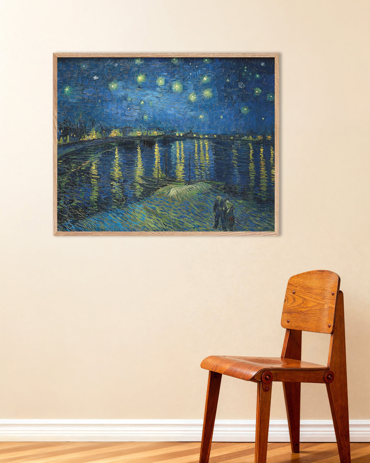 Poster of Starry Night Over the Rhône (1888) by Vincent van Gogh, with natural wooden frame