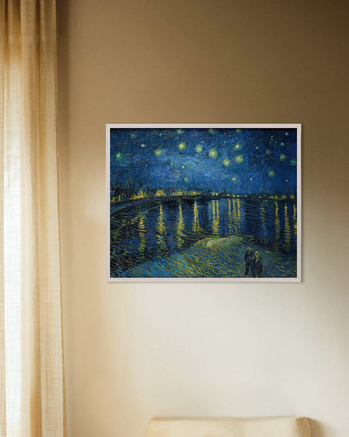 Poster of Starry Night Over the Rhône (1888) by Vincent van Gogh, with white wooden frame