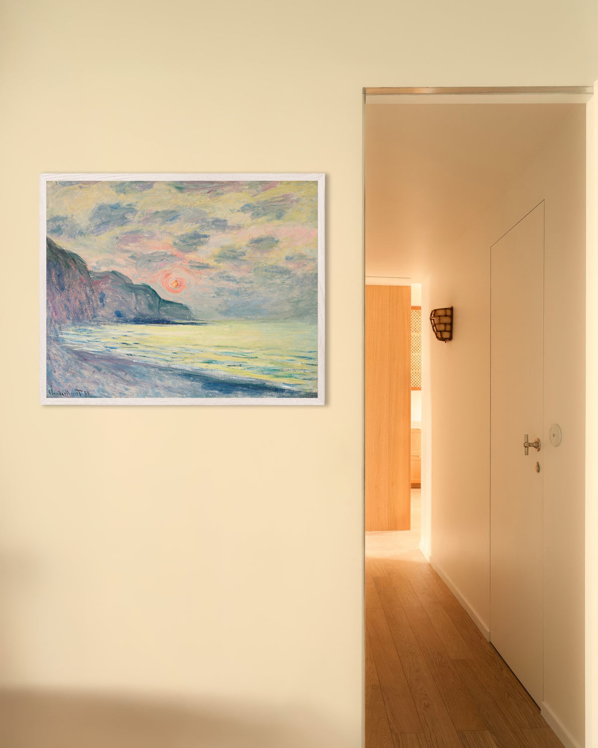 Poster of Sunset, Foggy Weather, Pourville (1882) by Claude Monet, with white wooden frame