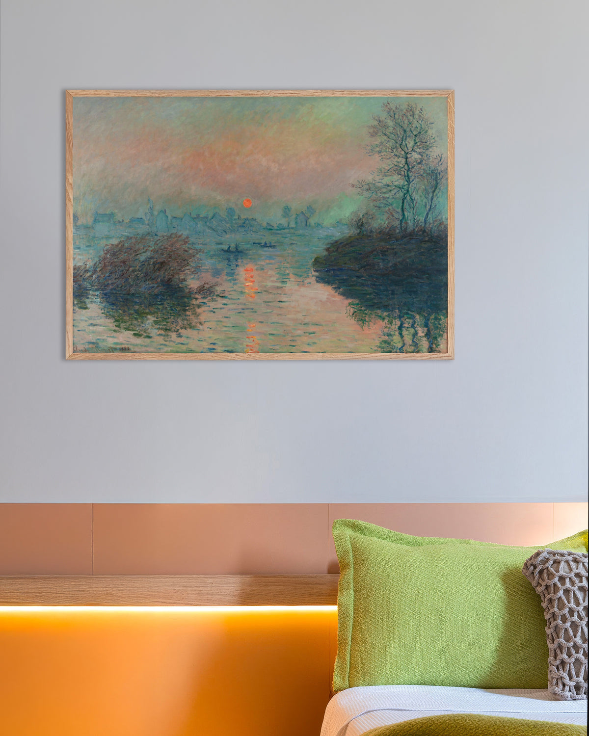 Poster of Sunset on the Seine at Lavacourt, Winter Effect (1880) by Claude Monet, with natural wooden frame