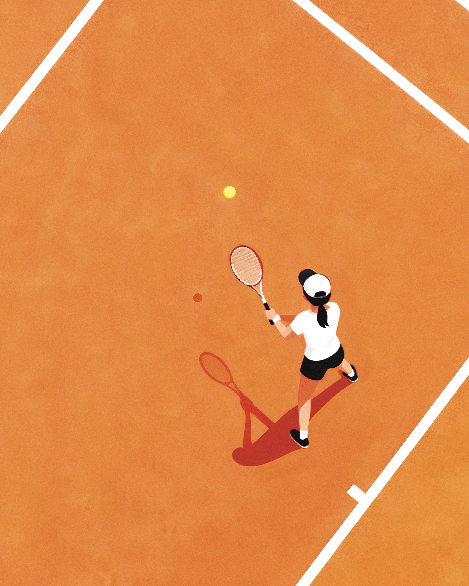 Illustration of a tennis player on a clay court with a racket and ball.