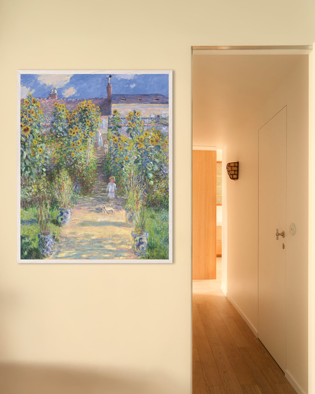 Poster of The Artist's Garden at Vétheuil (1881) by Claude Monet, with white wooden frame