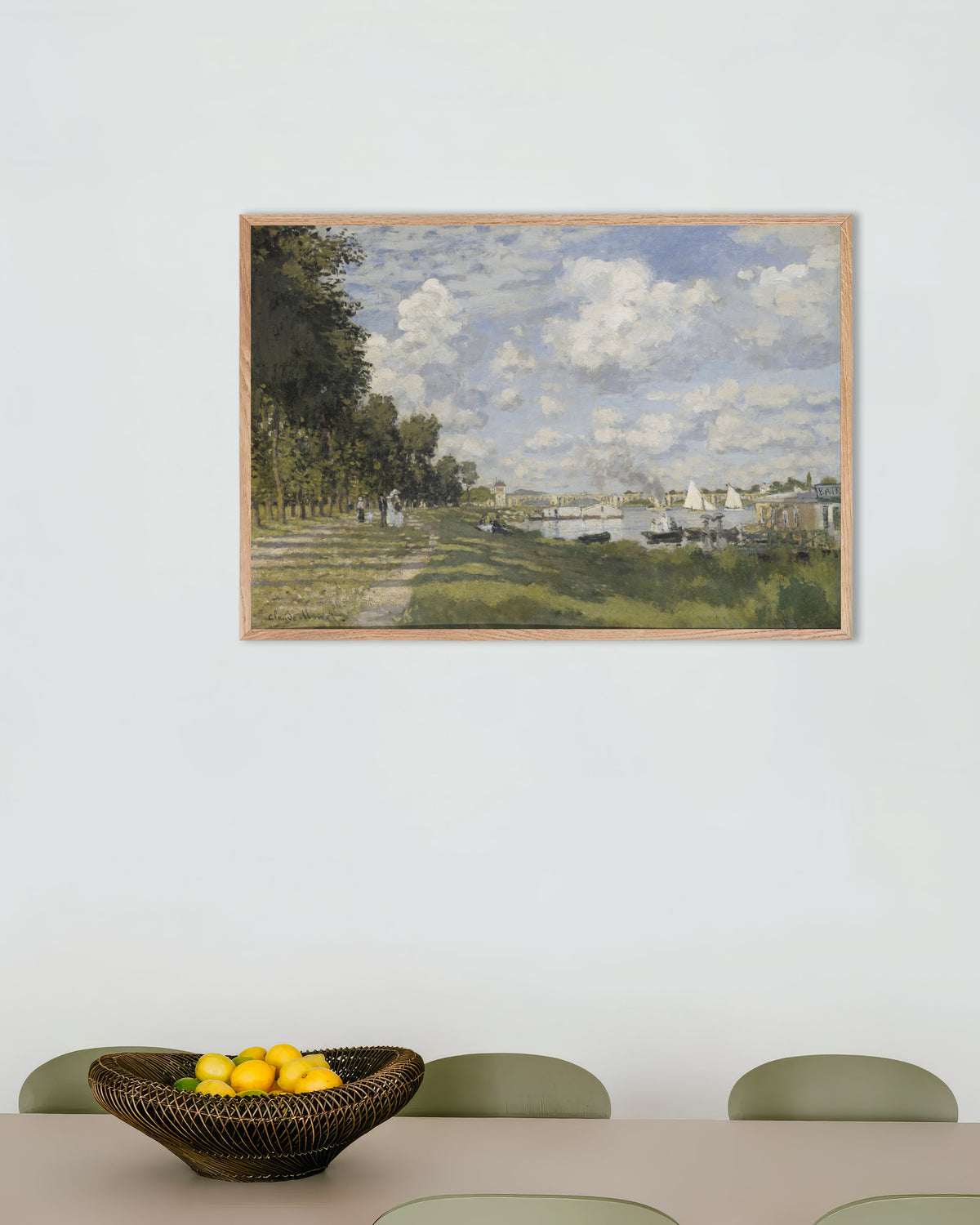 Poster of The Basin at Argenteuil (c. 1872) by Claude Monet, with natural wooden frame