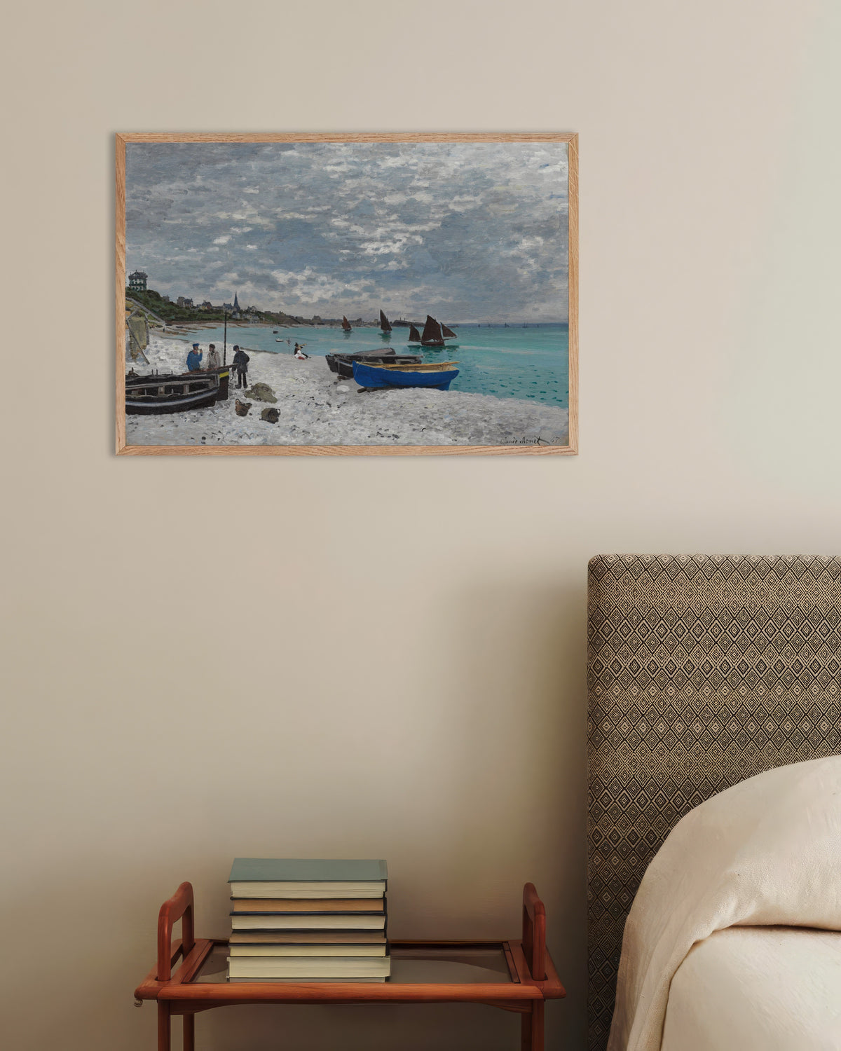 Poster of The Beach at Sainte-Adresse (1867) by Claude Monet, with natural wooden frame