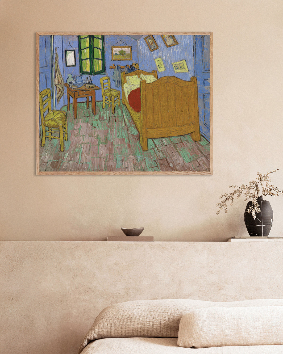 Poster of The Bedroom, Saint-Rémy Version (1889) by Vincent van Gogh, with natural wooden frame